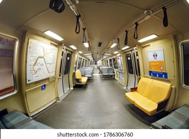 San Francisco, California - June 01, 2020: Travelling In Empty BART Train From SFO Airport To San Francisco In COVID 19 Lockdown