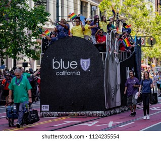 SAN FRANCISCO, CALIFORNIA, JUNE 24, 2018:  GAY PRIDE PARADE - Corporate Blue Shield California Health Insurance Marches