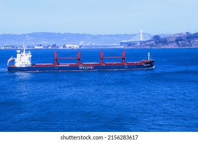 San Francisco, California- May 2, 2022- Cargo ship Weco Karoline completely empty, entering the San Francisco Bay to collect more cargo