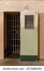 San Francisco, California - November 7, 2021: "D" Block "dark cell" entrance at Alcatraz Prison, used for solitary confinement, known as the Special Treatment Unit (S.T.U.).