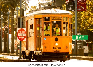 San Francisco, California - October 05 2017: San Francisco, California. Trolley 1856, An Orange Peter Witt Streetcar Operates F Line On The Heritage SF Muni Public Transportation System.