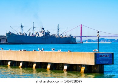 San Francisco, California - October 05 2017: San Francisco, California. SS Jeremiah Obrien Warship Vessel And Golden Gate Bridge On Summer Day In The Bay Area On The West Coast In America.