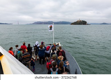 SAN FRANCISCO, CALIFORNIA - SEPTEMBER 17: View of the Alcatraz cruize boat and the tourist going to Alcatraz Island on September 17, 2015. Alcatraz was a federal prison from 1934 to 1963.