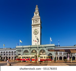 San Francisco, California - September 21, 2015: Ferry Building in Downtown San Francisco at Market Street view of Embarcadero. Located at Pier 1 with the city hub for tram, muni or cable car.
