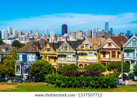 San Francisco California skyline cityscape of architecture and historic landmarks , the painted ladies row houses of San Fran Bay Area attraction