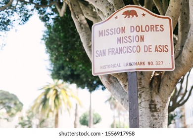 San Francisco, California / United States - April 12 2015: Sign For Historic Mission Dolores In San Francisco's Mission District