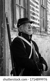 San Francisco, California, United States Of America - April, 12, 2019: Historical Soldier Reenactments And Guided Tours On Alcatraz Island. Old Time War Veteran Portrait Black And White