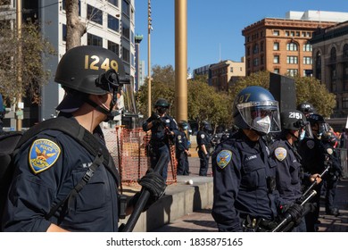 San Francisco, California / United States - October 17, 2020: Police Hold Back Counter-protesters At A Free Speech Rally Led By Supporters Of The Proud Boys. 