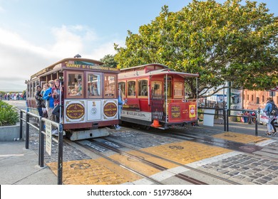 San Francisco, California, United States - August 14, 2016: Cable Car Turntable or terminus of the famous tourist attraction Powell-Hyde lines in Jefferson Street near Fishermen's Wharf.