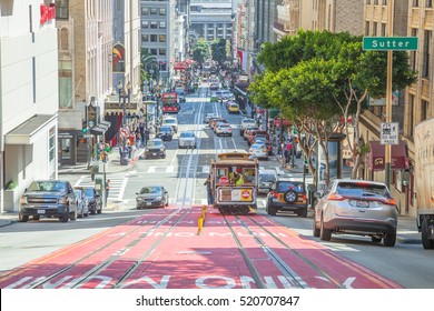 San Francisco, California, United States - August 17, 2016: Cable Car Climbs The Popular Powell Street Hill In The Busy Central Area Of Union Square, San Francisco Downtown.