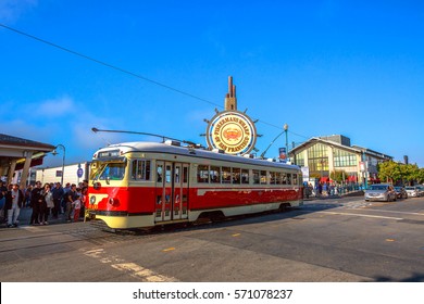 San Francisco, California, United States - August 14, 2016: vintage streetcar from Embarcadero to Fisherman's Wharf of San Francisco on Jefferson road in a sunny day. San Francisco urban street view.