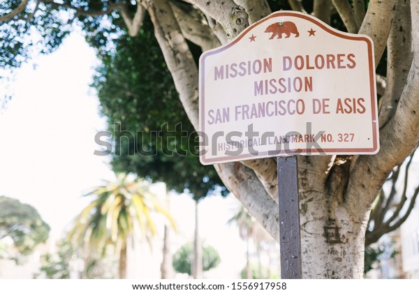 San Francisco, California / United States -\
April 12 2015: Sign for historic Mission Dolores in San Francisco\'s\
Mission district