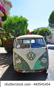 San Francisco, California, Usa, 06/13/2010: A Vintage Volkswagen Camper Van, Made From 1950 To 1967 And Sold Worldwide, Symbol Of The Hippie Era Very Popular During The San Francisco's Summer Of Love