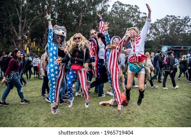 San Francisco, California, USA - August 2016 - Outside Lands Music Festival Fans Jumping In America USA Outfits 