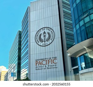 San Francisco California, USA - August 26, 2021: University of the Pacific Arthur A. Dugoni School of Dentistry building and logo