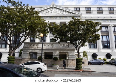 San Francisco, California USA February 18, 2022, Ritz Carton Luxury Hotel, Purchased The Building In 1991 Which Was Built In 1909 For Metropolitan Life Insurance Duplicating The Temple Of Commerce 