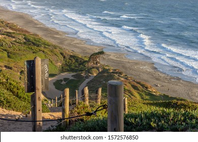 San Francisco, California / USA - July 29, 2019: View From The Top Of Sandy, Steep Stairs That Decent To The Beach At Fort Funston; Image Taken On A Warm Summer Afternoon, Just Before Sunset