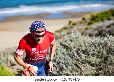 San Francisco, California, USA - June 3, 2018: Ben Kanute Ascends The Sand Stairs At Baker Beach En Route To Winning The 2018 Escape From Alcatraz Triathlon.