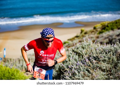 San Francisco, California, USA - June 3, 2018: Ben Kanute Ascends The Sand Stairs At Baker Beach En Route To Winning The 2018 Escape From Alcatraz Triathlon.