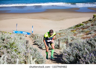 San Francisco, California, USA - June 3, 2018: Andy Potts Navigates The Sand Stairs At Baker Beach En Route To His Fourth Place Finish At The 2018 Escape From Alcatraz Triathlon.