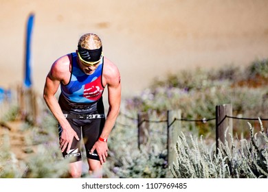 San Francisco, California, USA - June 3, 2018: Cameron Dye Ascends The Sand Stairs At Baker Beach En Route To His Second Place Finish At The 2018 Escape From Alcatraz Triathlon.