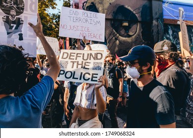 San Francisco, California, USA, June 03, 2020, Protest After George Floyd Death, Black Lives Matter Group Standing Against Police And Carrying A Banner Sign 