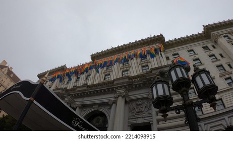 San Francisco, California, USA, June 29, 2022: Exterior View Of The Fairmont Hotel, A Historical And Luxury Hotel, A Famous Landmark On Nob Hill In San Francisco. World Countries' Flags Blowing.