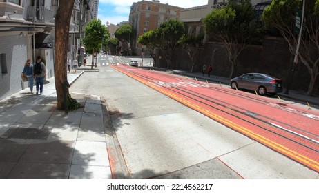 San Francisco, California, USA, June 29, 2022: Empty Cable Car Rails On The Slope Of Powell Street.