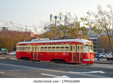 San Francisco, California, U.S.A. - March 14, 2020: The F-Market & Wharves Historic SF Cable Trolley Line Of The SF Muni (San Francisco Municipal Railway) Runs Along The Market Street.