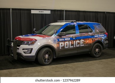 San Francisco, California, USA - November 22, 2018 - San Jose Police Department Vehicle On Display At 2018 International Auto Show At  Moscone Convention Center