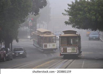 SAN FRANCISCO, California, USA, - NOVEMBER. 8. 2011: The Cable car tram in the fog, San Francisco, world's last manually-operated cable car system, icon of San Francisco