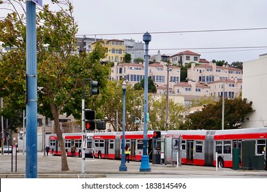 SAN FRANCISCO, CALIFORNIA, USA - OCTOBER 10, 2020: Bus Terminal Stop, City In Background