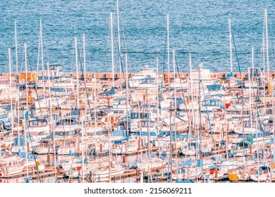 San Francisco, California, USA - October 16, 2021, view of rows of yachts, in San Francisco Bay, California. Photo processed in pastel colors