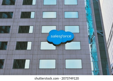 San Francisco California USA.  Sep 25 2021: Salesforce West Tower stands opposite the Salesforce Tower.