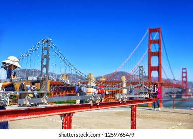 San Francisco, California, USA - September 10, 2018: Panorama Of The Gold Gate Bridge And The Modem Miniatur Golden Gate. San Francisco. California, USA.