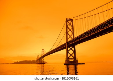 San Francisco, California, USA, September 09, 2020, San Francisco Downtown Wildfire Air Pollution Sky Orange Yellow Glow In The Bay Area Vertical Bay Bridge