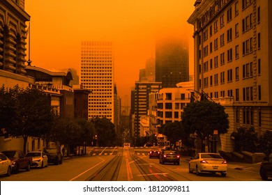 San Francisco, California, USA, September 09, 2020, San Francisco Downtown Wildfire Air Pollution Sky Orange Yellow Glow In The Bay Area Vertical 