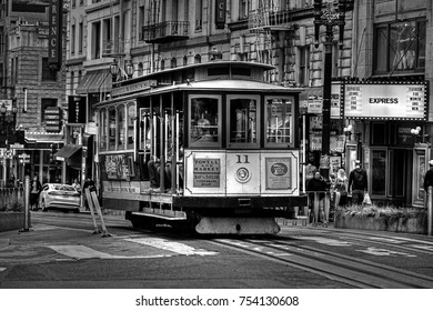 SAN FRANCISCO, CALIFORNIA/USA - MAY 25, 2017: A cable car near Fisherman's Wharf. Cable cars began operating here in 1873. This cable car system is the world's last manually operated system. 