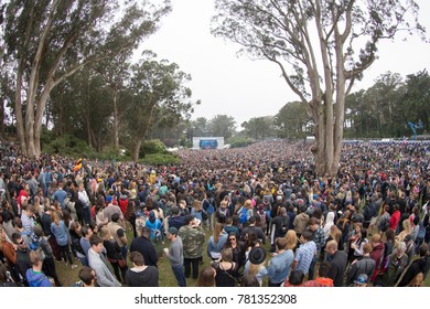 San Francisco, CA/USA - 8/13/2017:  Concert Patrons Enjoy Music At A Stage At Outside Lands Music Festival.  In 2017 The Festival Celebrated It's 10th Anniversary.