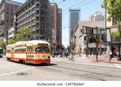 San Francisco, CA/USA- May 2019: San Francisco Street Car F Market & Wharves line runs from Fisherman's Wharf all the way to the Castro District along the Embarcadero and down Market Street.