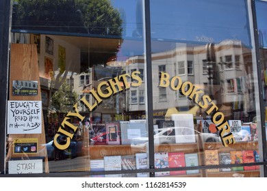 San Francisco, CA/USA-7/10/18: City Lights Bookstore, Indie Bookstore And Publisher Founded By Beat Poet Lawrence Ferlinghetti In 1953, Specializing In World Literature.