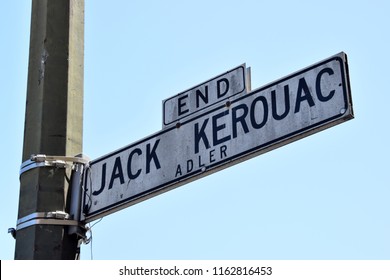 San Francisco, CA/USA-7/10/18: Jack Kerouac Alley. Pedestrian Walkway Beside City Lights Bookstore With Writing From Several Authors Engraved In The Walls. 