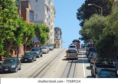 SAN FRANCISCO - CIRCA JUNE 2009: San Francisco street circa June 2009 in San Francisco, USA. The San Francisco has a steepest streets with a highest gradient angle in the world.