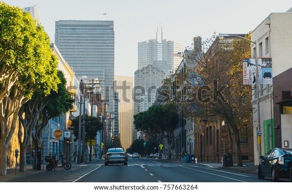 San Francisco City, California State / USA - November\
1st 2017: Road to downtown San Francisco. San Francisco is the city\
located in northern California. It is a big city for business and\
tourism. 