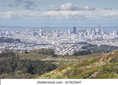 San Francisco City And Downtown. Sunny Day Views Via San Bruno Mountain State Park, San Mateo County, California, USA.