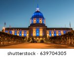 San Francisco City Hall Lit in Golden State Warriors Blue and Yellow. San Francisco, California, USA.