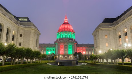 San Francisco City Hall Lit In Red, Green, And Black, Via The Memorial Court, Honoring Juneteenth Holiday/Emancipation Day