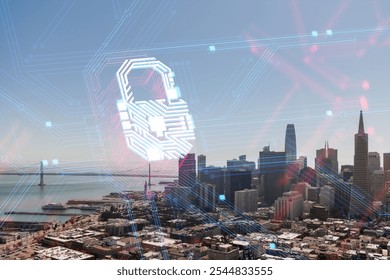 San Francisco city skyline with a digital security padlock overlay and circuit patterns. Clear sky background. Concept of cybersecurity - Powered by Shutterstock - Get 15% off with code: PIKWIZARD15