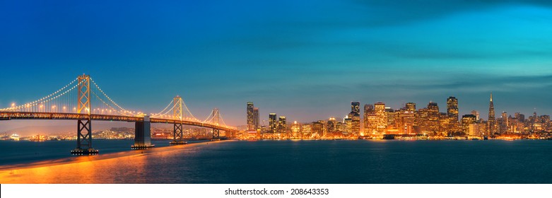 San Francisco City Skyline Panorama With Urban Architectures At Night.