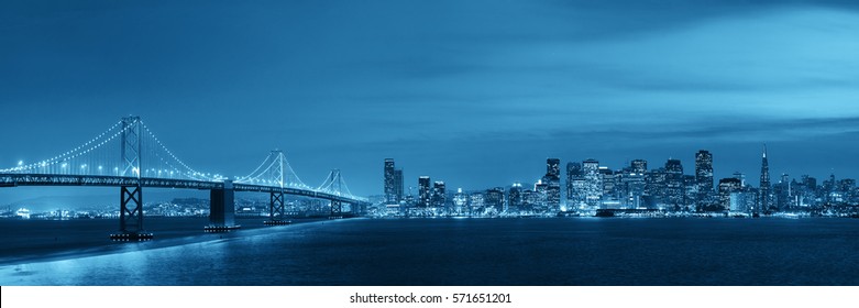 San Francisco City Skyline Panorama With Urban Architectures At Night.